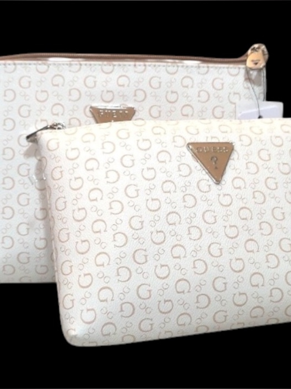 GUESS Cream and Beige Logo Cosmetic Pouch Set - NWT